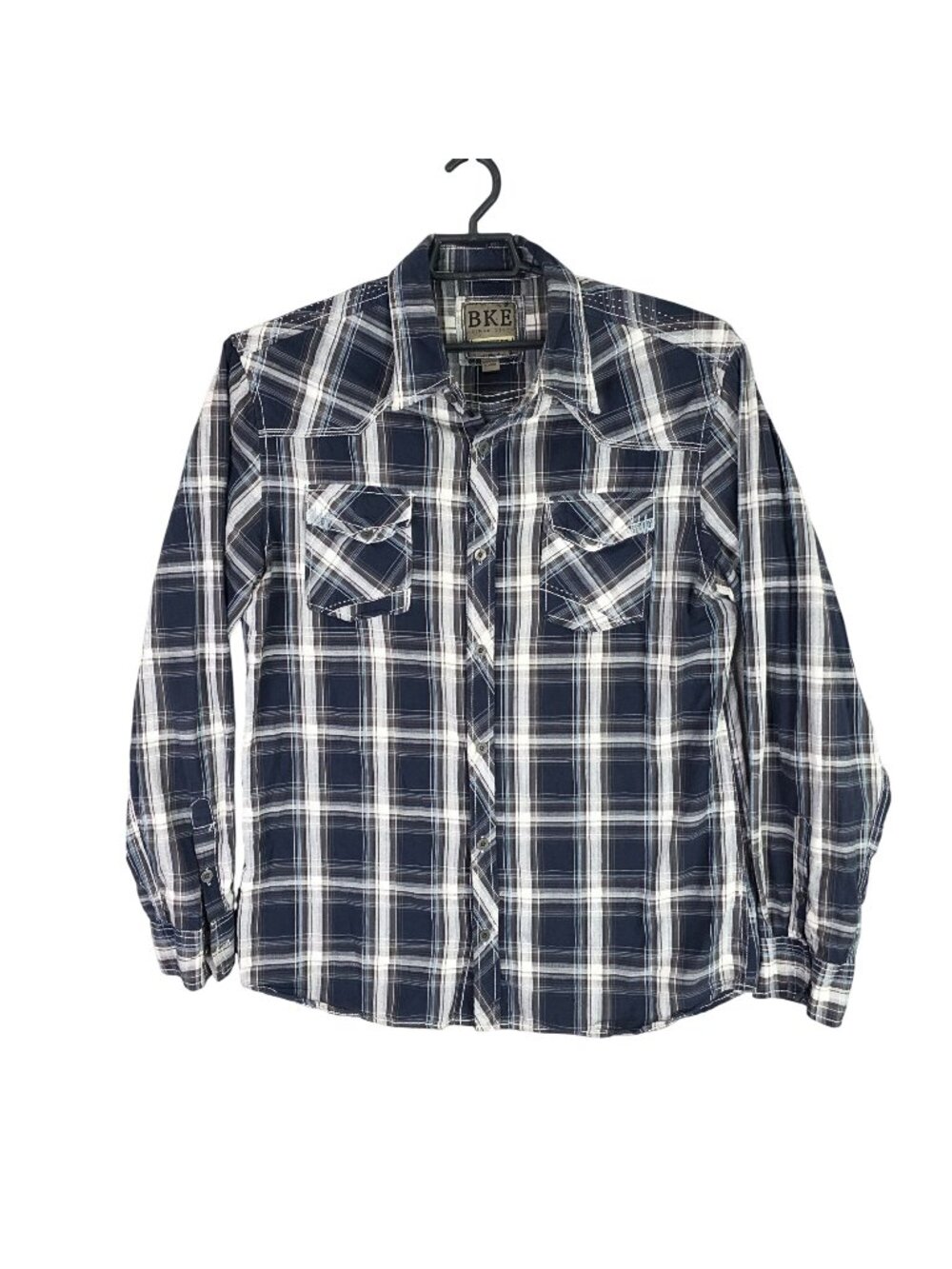 Mens BKE Navy & White Plaid Button Up Shirt Athletic Fit 100% Cotton Western XL